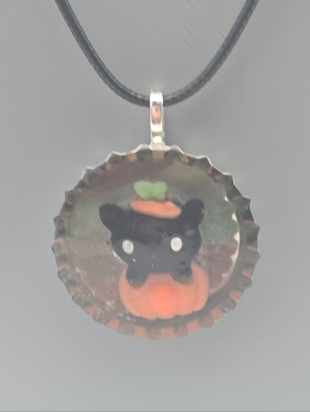 Handmade Black Cat Pumpkin Bottle Cap Necklace
